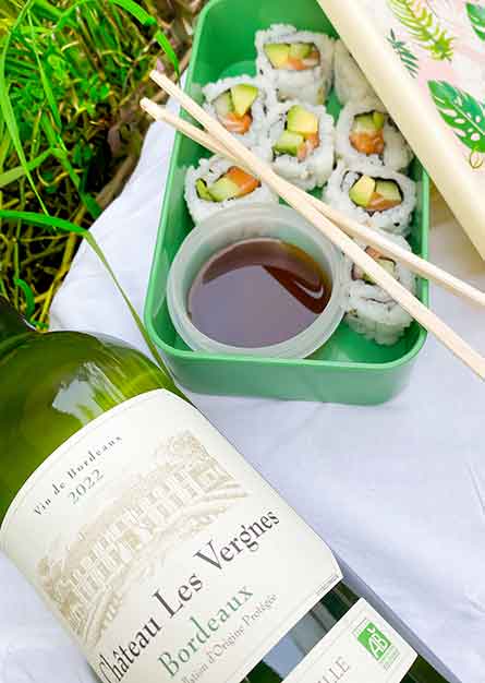 Le Château les Vergnes Blanc Bio Univitis accompagné de Sushis