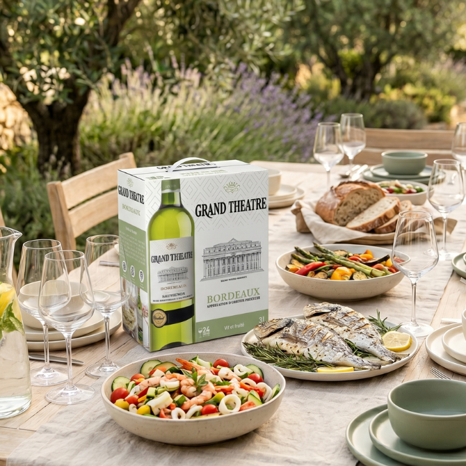 BIB Grand Théâtre blanc sur table estivale avec plats légers et verres, ambiance extérieure