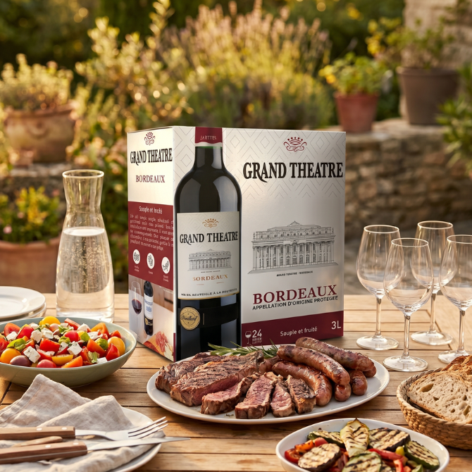 BIB Grand Théâtre Bordeaux rouge sur table de barbecue extérieur avec viandes grillées et salades