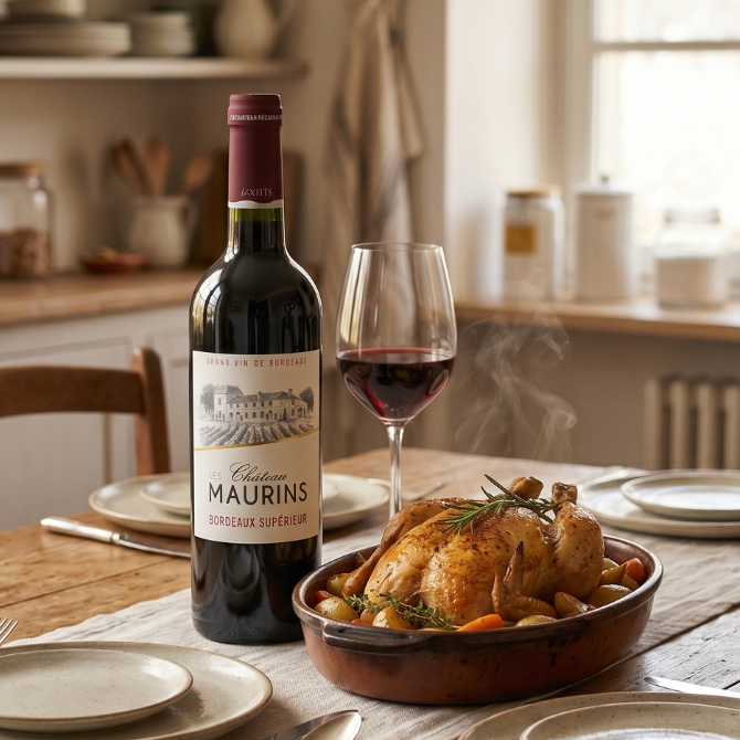 Château Les Maurins Bordeaux Supérieur merlot rouge avec poulet rôti sur table de repas convivial