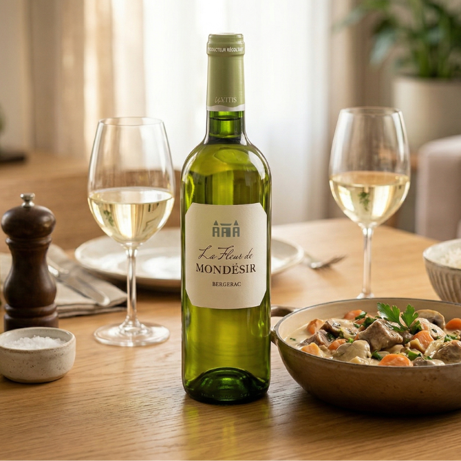 Bouteille de Fleur de Mondésir Blanc AOP Bergerac sur une table accompagnée d’une blanquette de veau, ambiance repas classique et chaleureux.