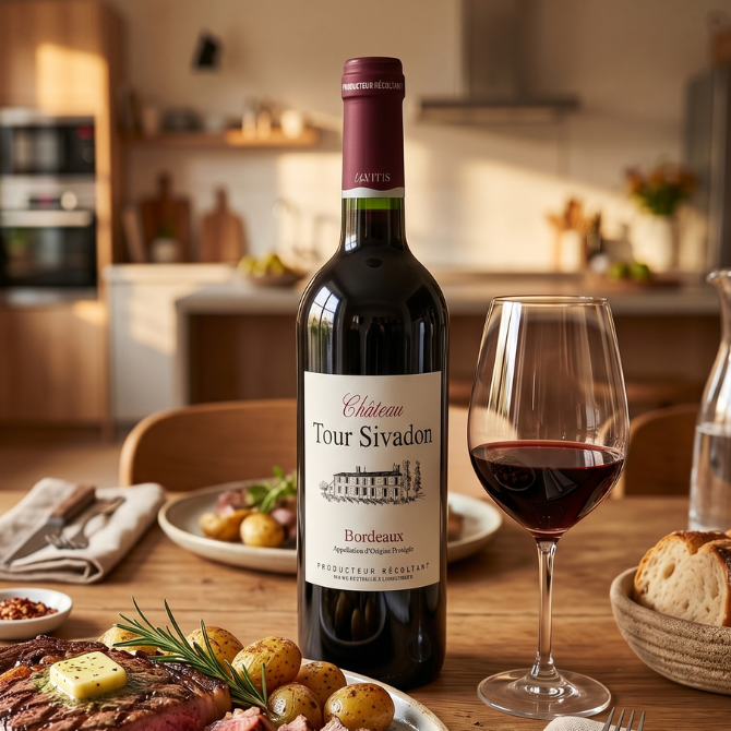 Château Tour Sivadon Bordeaux rouge avec entrecôte grillée servie à table