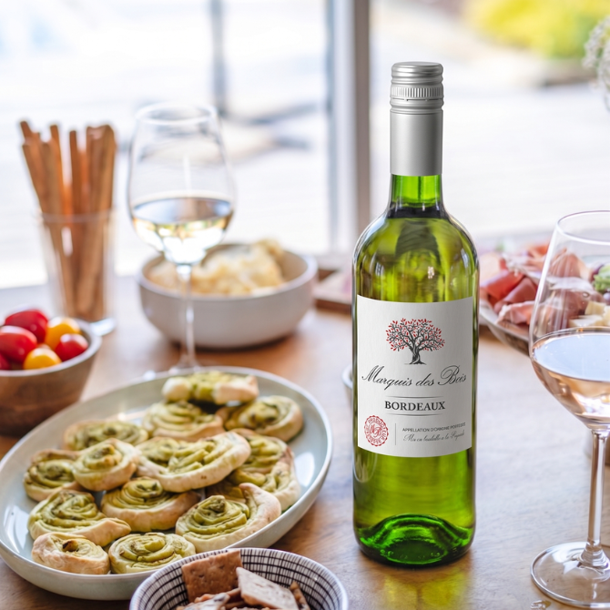 Bouteille de vin blanc Marquis des Bois sur table d’apéritif avec feuilletés au pesto et tomates cerises.