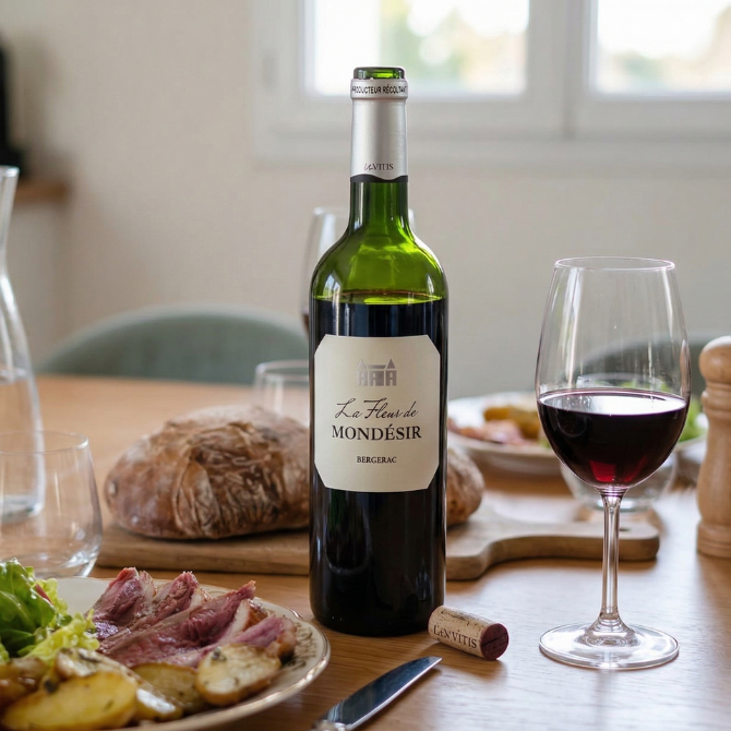 Fleur de Mondésir Bergerac rouge sur table de repas avec viande rôtie et fromage