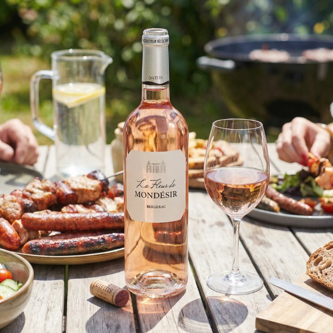 Fleur de Mondésir Rosé AOP Bergerac sur une table d’été avec barbecue et grillades, verres de rosé prêts à être servis.