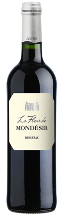 Bouteille de Fleur de Mondésir AOP Bergerac Rouge 2024, vin rouge riche et structuré à base de Merlot et Cabernet Sauvignon.